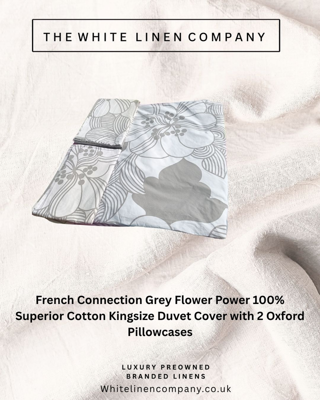 French Connection - Goovy Grey Flower Power 100% Cotton Double Duvet Cover 2 PC