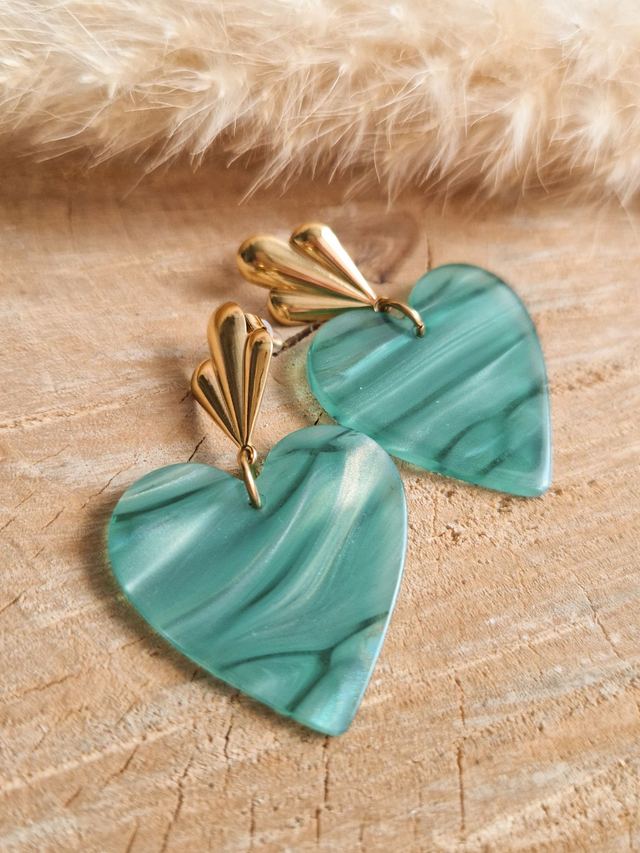Boucles d'oreilles "Coeurs d'amour" - Modèle doré et vert