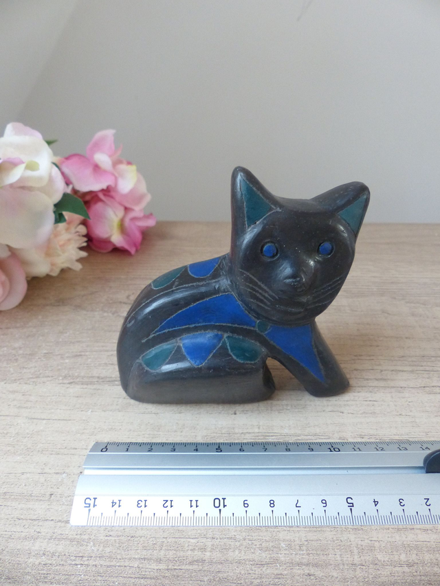 Figurine Chat Mexicain Vintage en Argile Noire et Bleue – Sculpture Artisanale Années 60, Style Manuel Felguérez