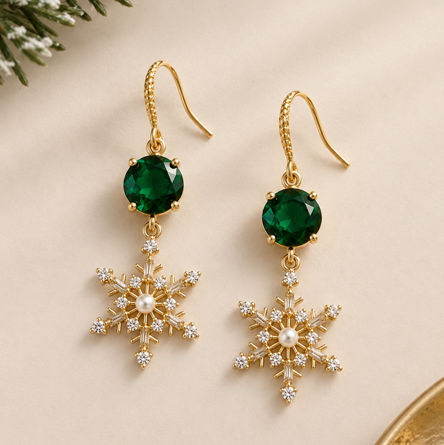 Emerald Snowflakes Earrings on Gold Hooks