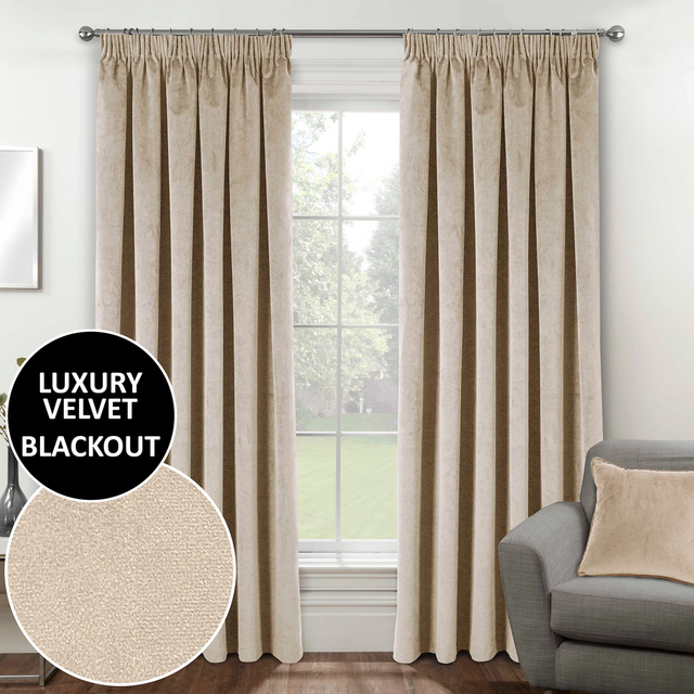 Enhanced Living Oxford Cream 100% Blackout Velvet Readymade Pencil Pleat Curtains