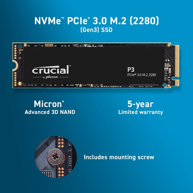 SSD interne Crucial P3 500Go M.2 PCIe Gen3 NVMe - Jusqu’à 3500Mo/s
