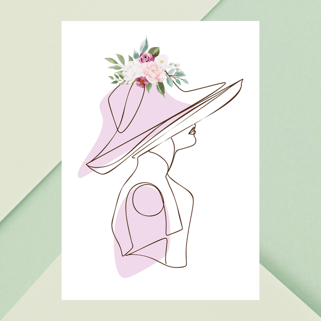 Élégant Art Linéaire Rose Pastel - Dame au Chapeau - Art Mural Moderne / Elegant Pastel Pink Line Art - Lady in Hat - Modern Wall Art 