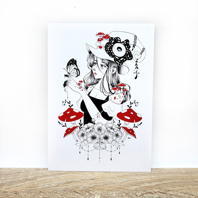 Illustration Carte Postale Sorcière Champignons