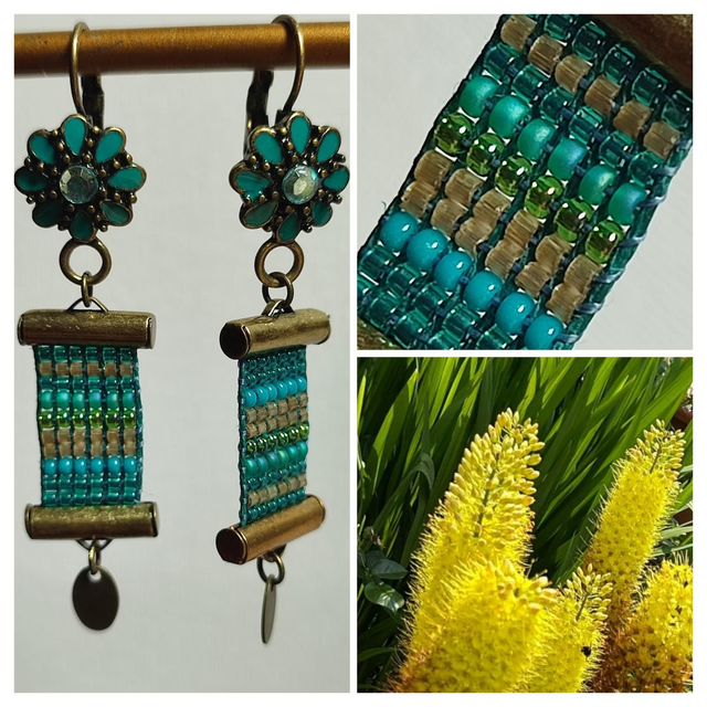 Dormeuses fleurs, bronze et turquoise tissé main sur fil de lin, acier inoxydable, sans nickel, pièce unique 