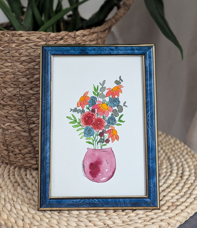 Bleu Joyeux - Aquarelle Originale avec cadre