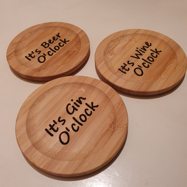 It’s Beer/Gin/Wine O’clock Bamboo Coaster/Cup Lids