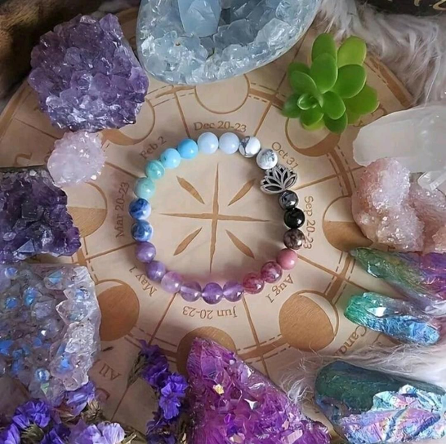 Bracelet "Anti-anxiété" breloque fleur de lotus - en Howlite, Fluorite, Améthyste, Amazonite, Rhodonite et Obsidienne - 8mm