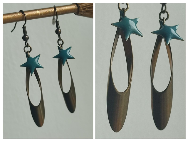 Boucles d&#039;oreilles étoiles email bleu et laiton bronze, pièce unique, sans nickel 