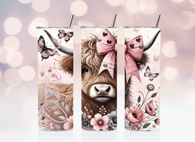 Personalised Pink Floral Highland Cow Tumbler