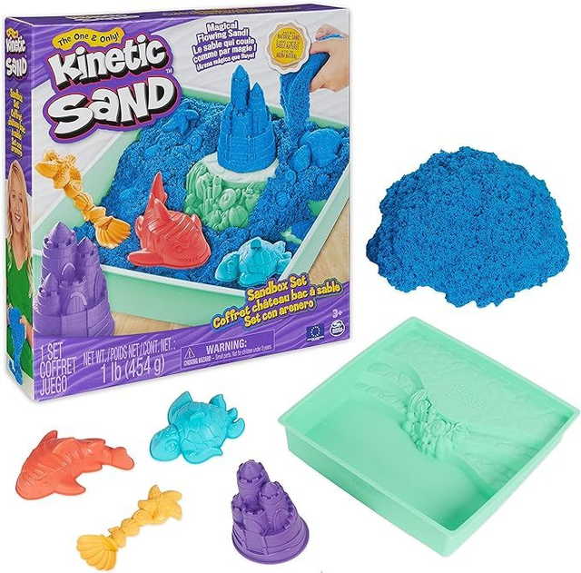 Kinetic Sand, Playset Castelli di Sabbia Blu, Sabbia Cinetica con Vaschetta,  Sabbia magica  454gr, 3 Formine Incluse