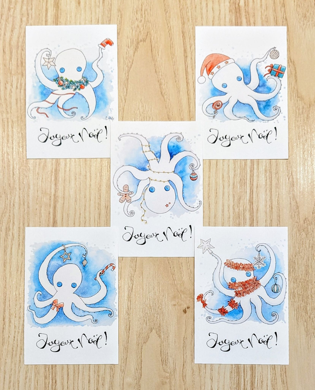 Carte de vœux Joyeux Noël Pieuvres malines