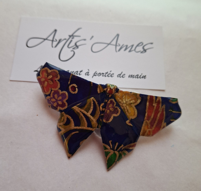 Barrette Papillon bleu foncé / rouge / jaune