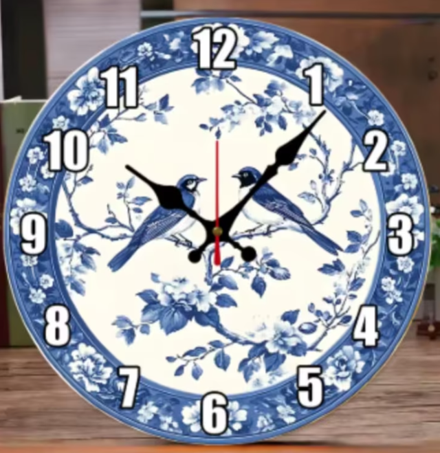 Ronde wandklok van hout Vogeltjes Delfts Blauw (25cm)