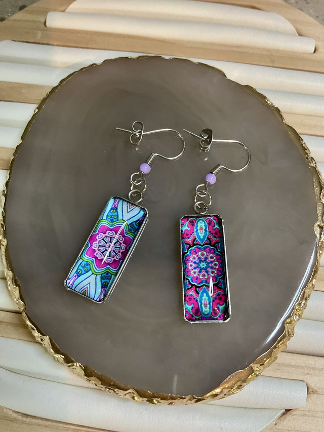 Handmade cabochon earrings. Beautiful asymmetrical mandala design.