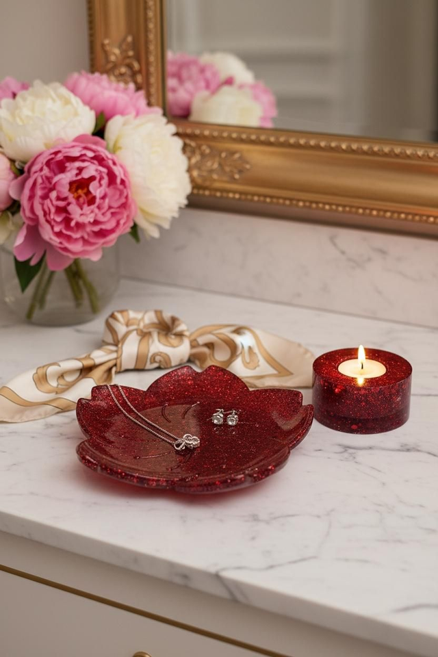 Porte bijoux Pétale &amp; Bougeoir- Collection capsule Saint Valentin rouge passion