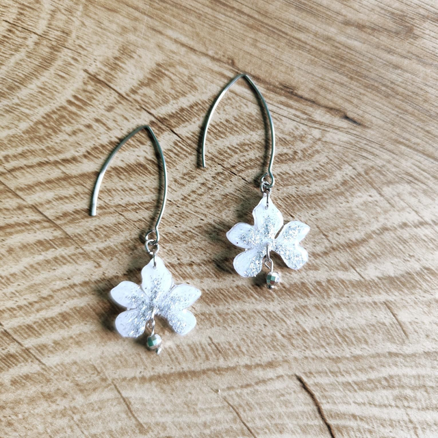 Boucles d'oreilles Cléor blanc paillettes argentées 
