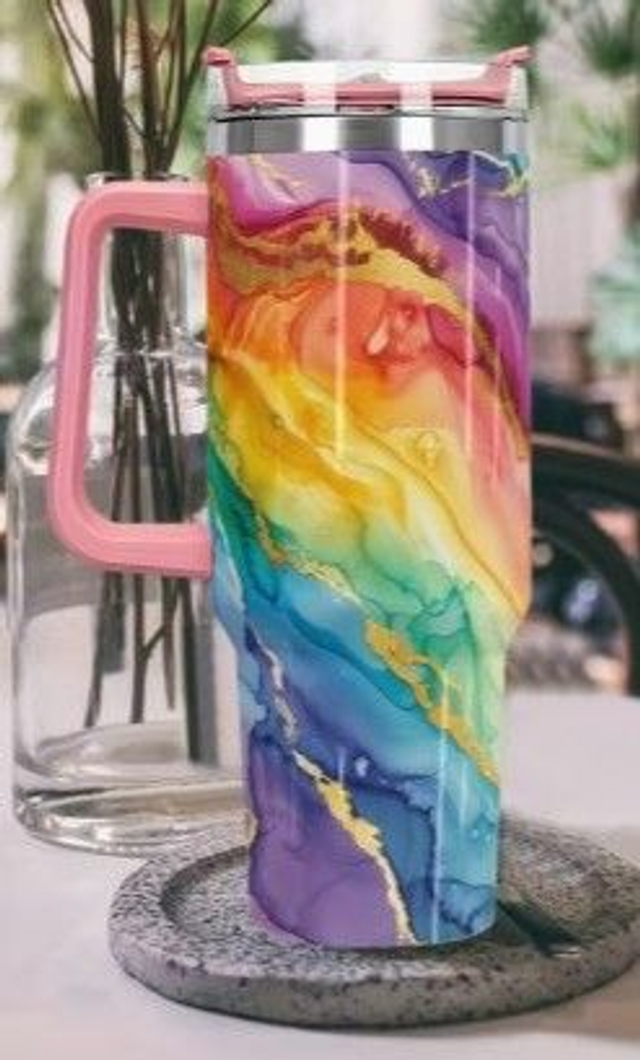 ENGRAVED - 40oz Stainless Steel Vacuum Insulated Travel Cup with Handle - Vibrant Pattern