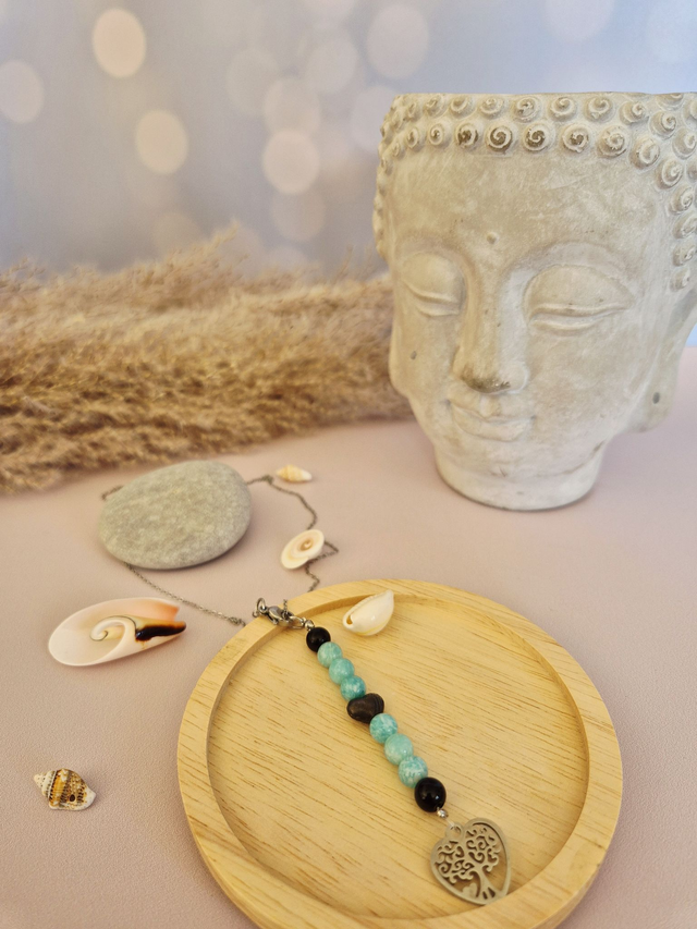 Collier MAYA – Amazonite du Pérou &amp; Obsidienne du Mexique