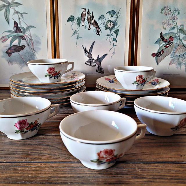 Tasses à café/thè vintage en porcelaine, motif floral (rose et fleurs)