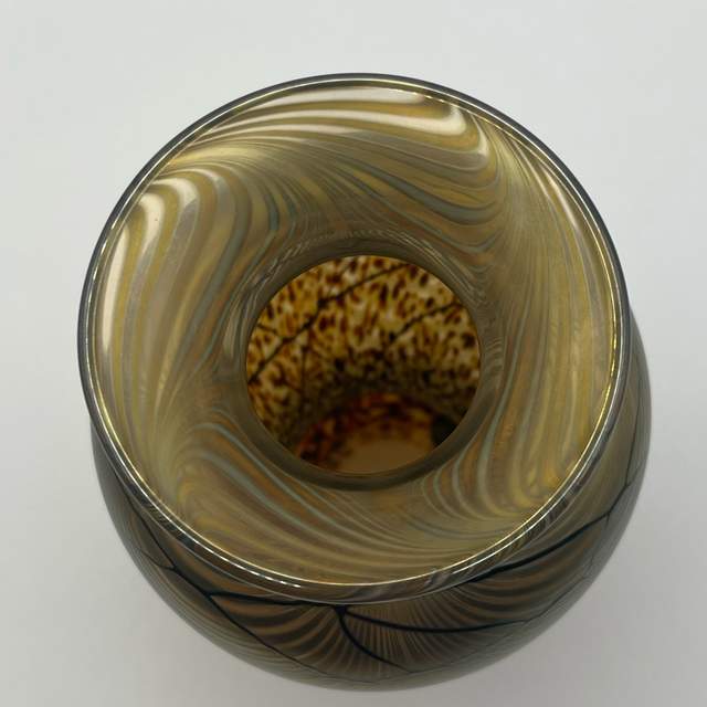 Okra Glass Vase – Signed David Barras 2002, Golden Iridescent with Blue-Purple Spots