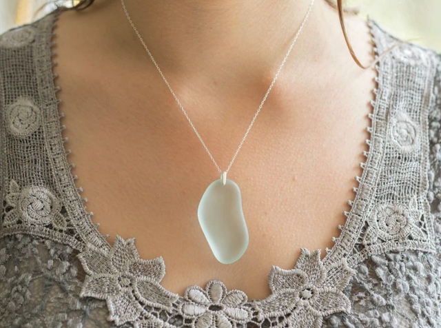 Sterling silver aqua marine sea glass pendant necklace