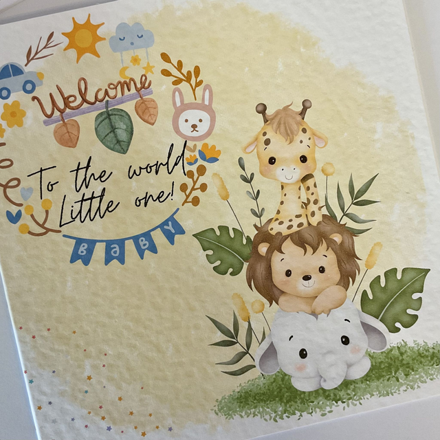 New baby card with Cute safari animals. Personalised. 