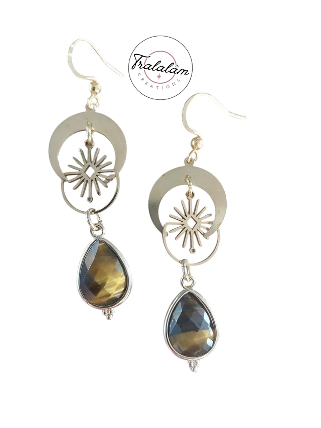 ✨Boucles d&#039;oreilles &quot;lune soleil acier oeil tigre&quot;✨