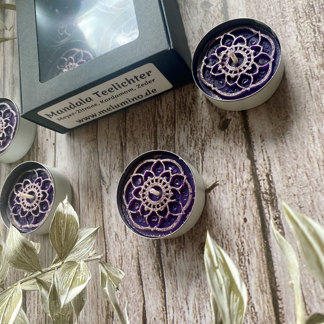 4er Geschenkset Mandala Teelichter mit Duft Meyer-Zitrone, Kardamom & Zeder