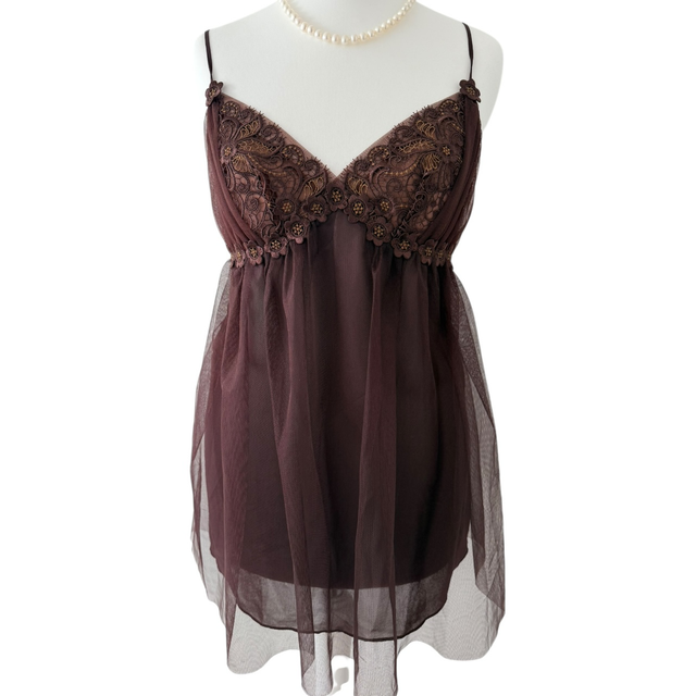 Japanese brand coquette brown embroidered and detailed tulle cami / slip dress 