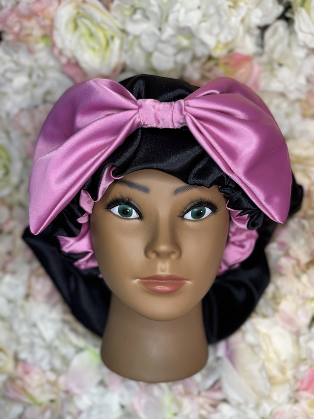 Bonnet en satin soie réversible rose & noir | Avec Nœud | Protection cheveux nuit | Anti-frisottis | Tailles S, M, L | Double face fait main