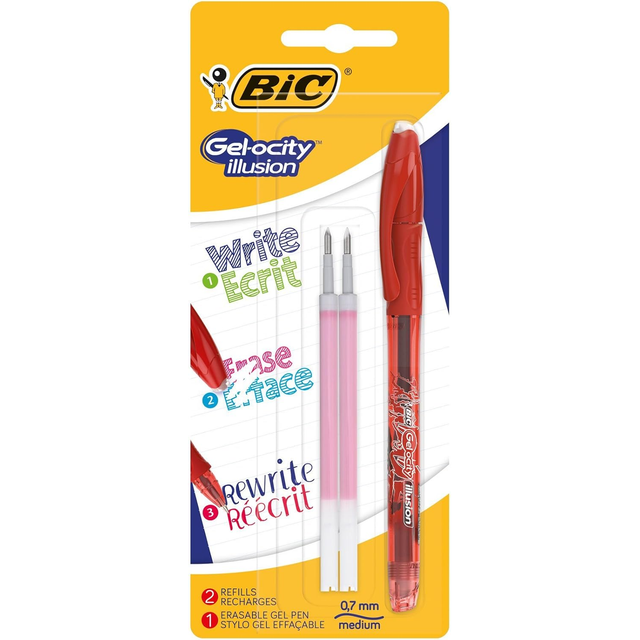BIC Ecriture Gel-ocity Illusion Stylo Gel Effaçable Pointe Moyenne (0,7 mm) - Rouge, Blister de 1 + 2 Recharges