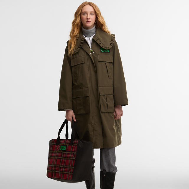 Barbour X Ganni Waterproof Parka Jacket Olive Classic Tartan