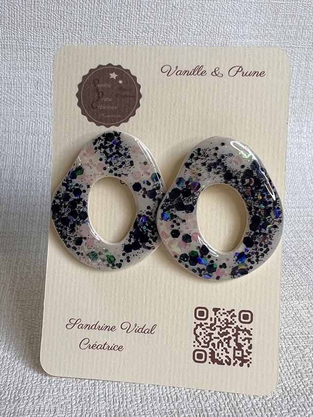 Boucles d'oreilles forme beignet, ajourées et décos pailletées bleu nuit et rose AB