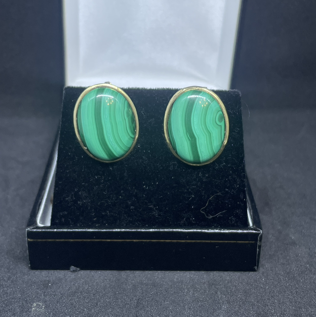 Malachite Earrings – 14ct Gold Studs with Clip Back