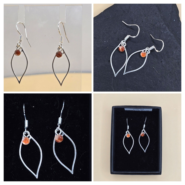 925 Drop Earrings with Seaglass &amp; Stone - Open Marquise with Mini Drops