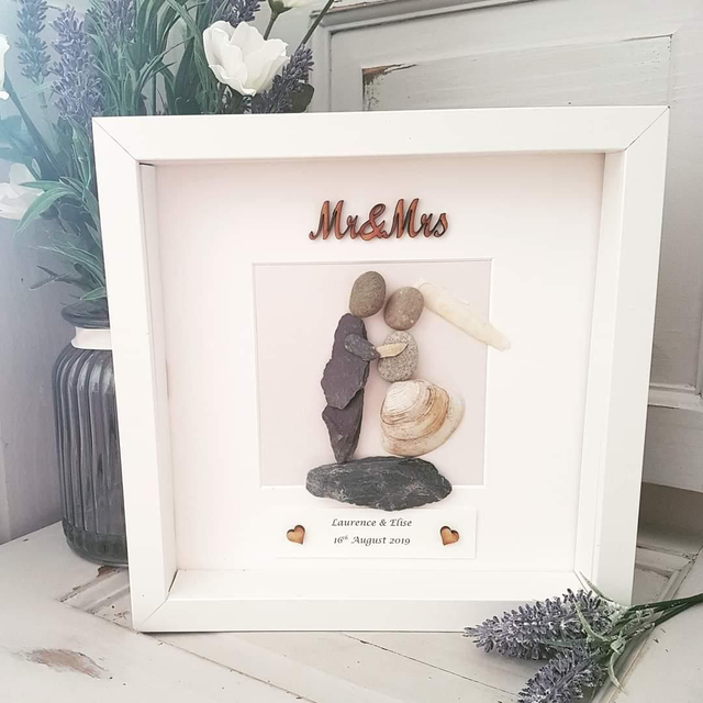 Mr &amp; Mrs wedding gift | Sea shell dress | Pebble wedding picture 