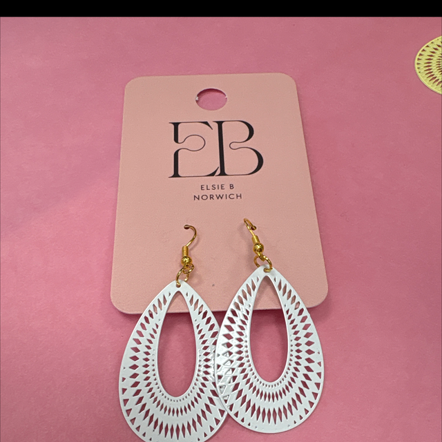 White filigree drop earrings gold hoop