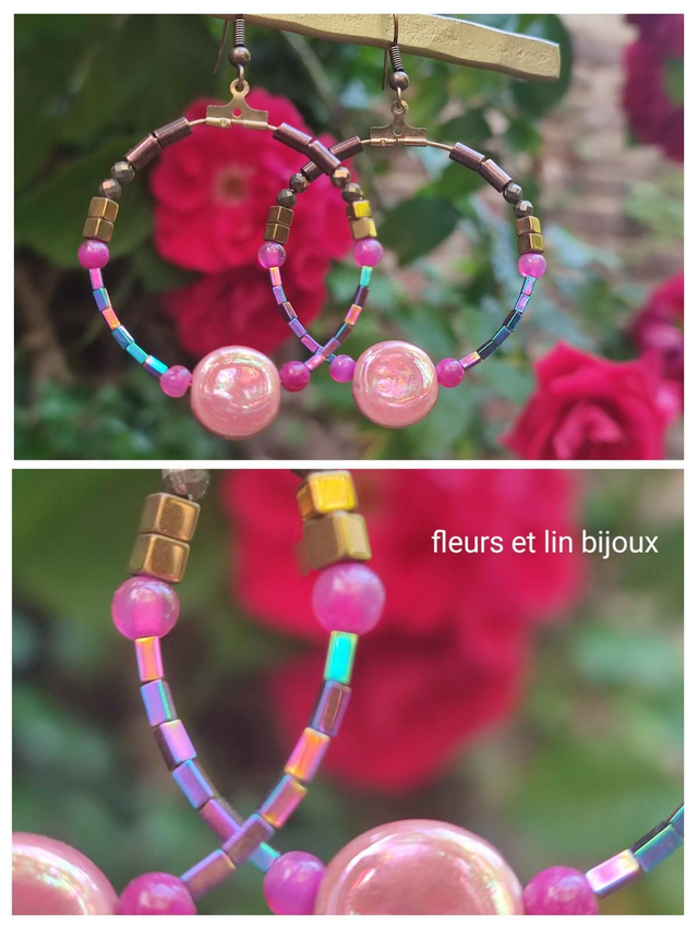 Boucles d'oreilles agate rose &céramique rose en acier inoxydable doré 