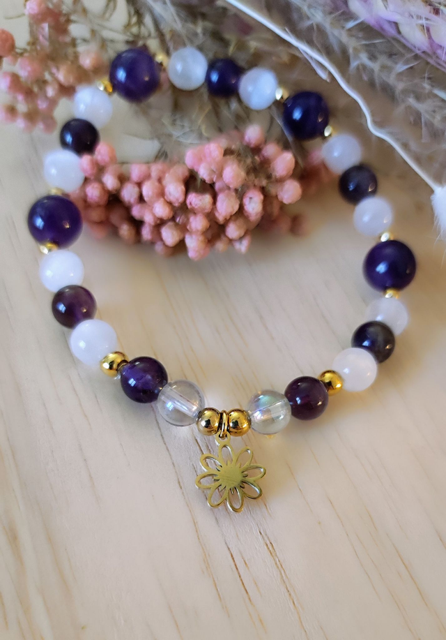 Bracelet "Bien-être" Sélénite, Améthyste et Quartz Aura
