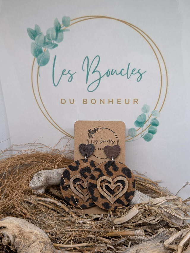 Boucles d&#039;oreilles Moon mo027 peau léopard coeur 