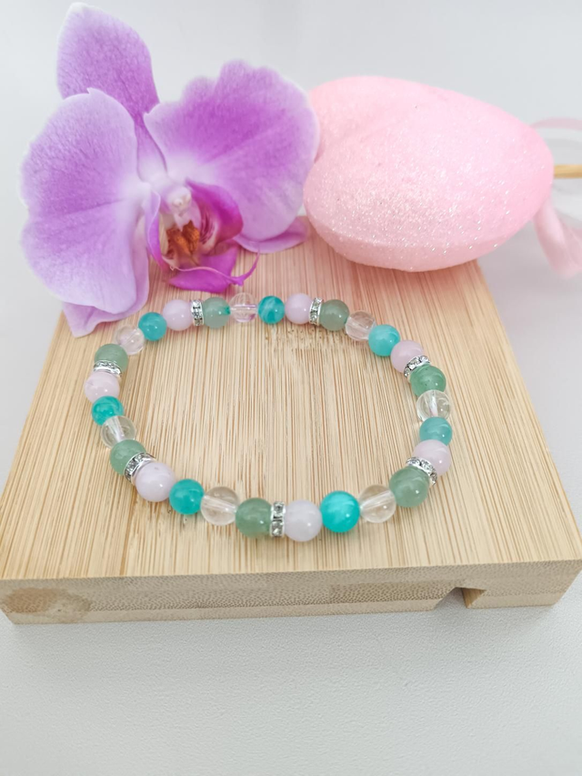 Bracelet aventurine verte, quartz rose, cristal de roche et amazonite 