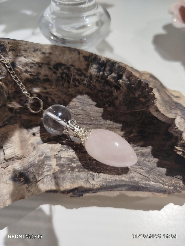 Pendule cristal de roche et quartz rose 
