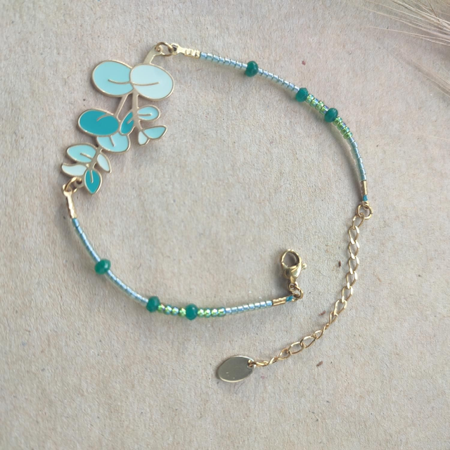 Bracelet feuille email et perles de verre miyuki, réglable avec chaîne d&#039;extension en acier inoxydable doré, pièce unique 