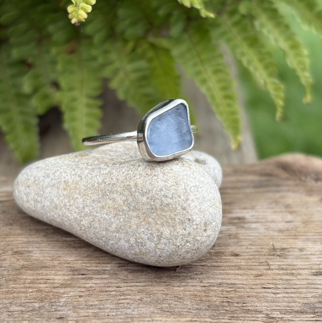 Pale Blue Seaglass & Recycled Silver Ring Size P