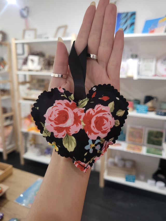 Black and pink floral heart shaped hanging decoration - 100% cotton- HBH-005