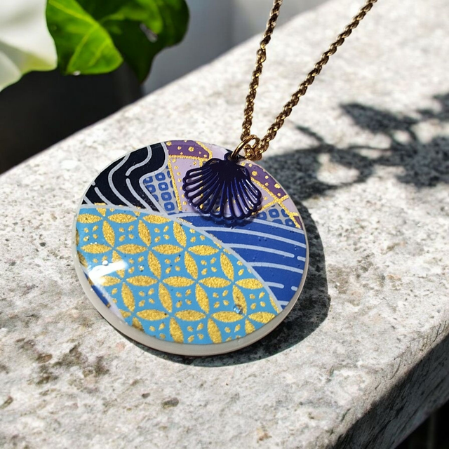 Collier acier inoxydable motifs japonais bleu et parme