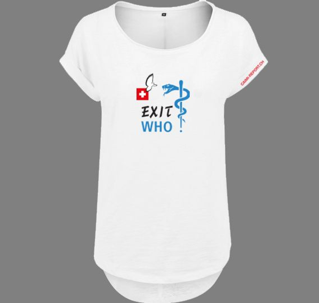 Ladies' shirt, weiss, «EXIT WHO»