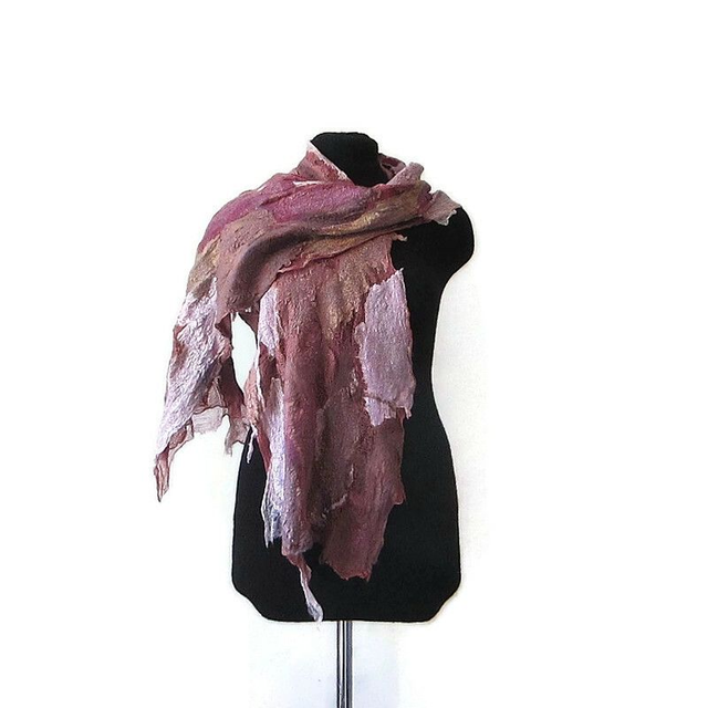 Sciarpa colore lavanda marrone bordeaux feltro lana e seta Sciarpa lunga fatta a mano Infeltrimento regali unici per le donne stile bohémien