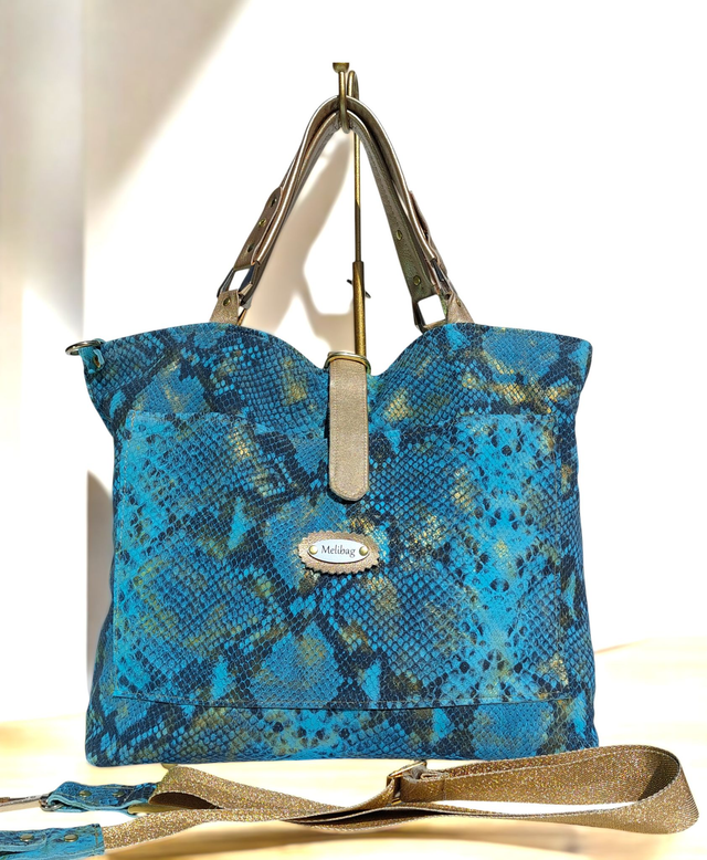 Cabas cuir. ALMA-reversible python turquoise/or-Lagune d'Or